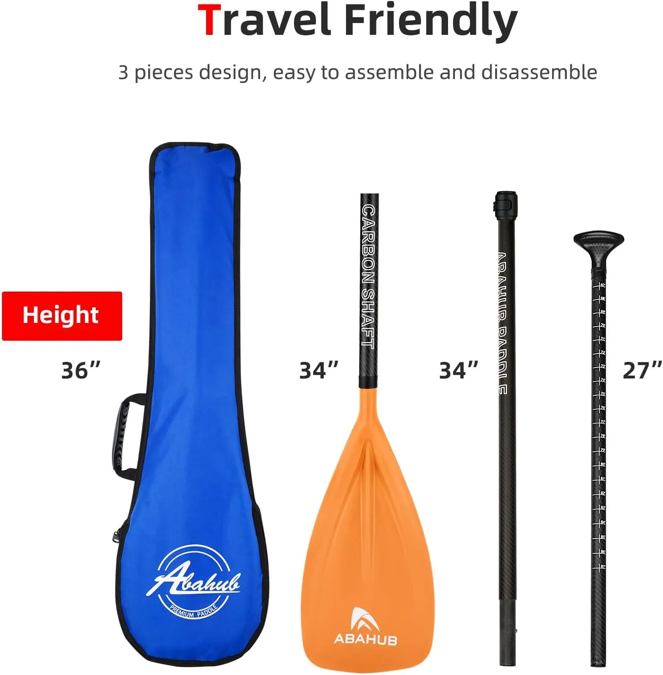 Abahub 1 x 3 Section Carbon Fiber SUP Paddle, Adjustable 67''-86'' Stand Up Paddle Lightweight Carbon Shaft, Black/Blue/Yellow/Green/Orange/Red Plastic Blade   Paddle Bag