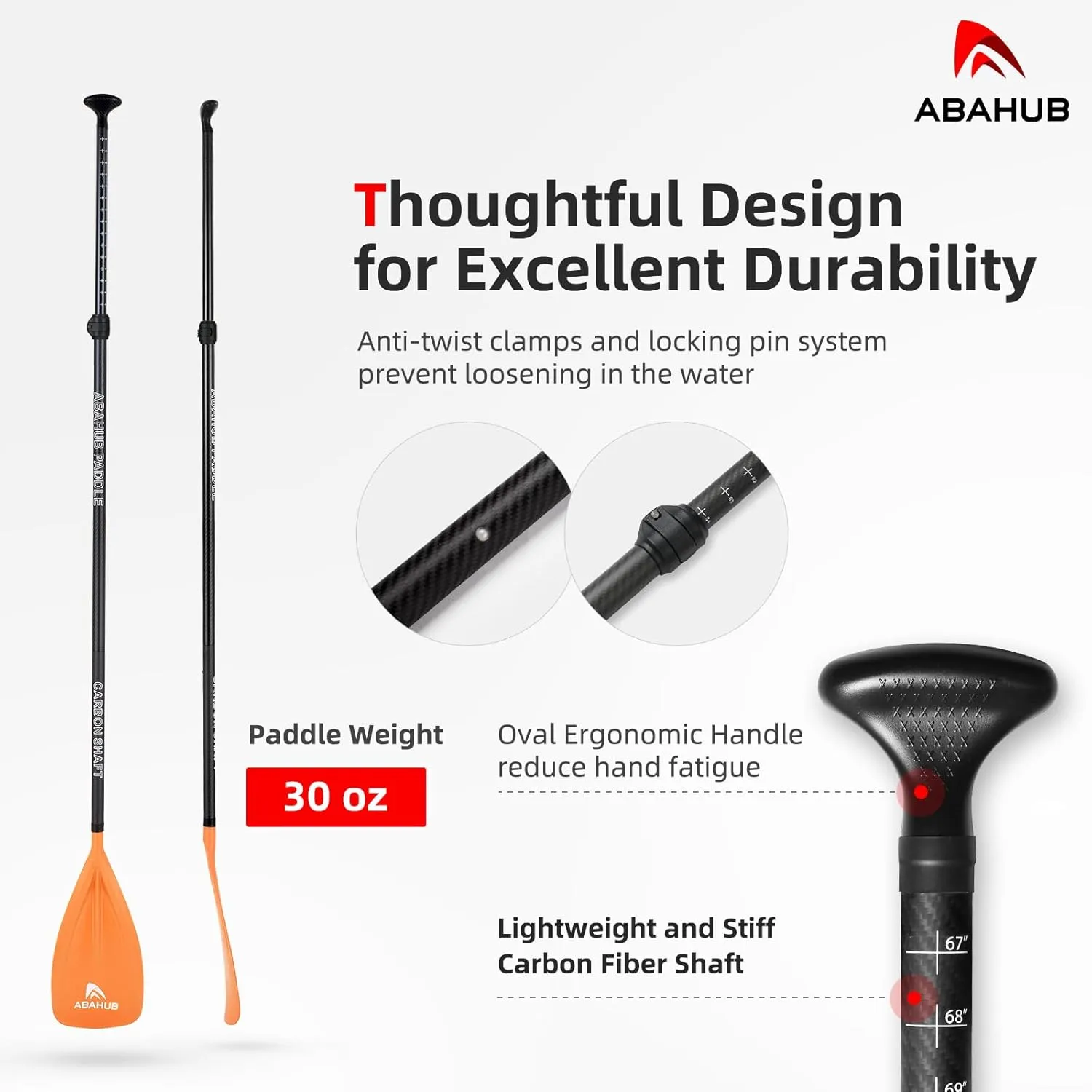 Abahub 1 x 3 Section Carbon Fiber SUP Paddle, Adjustable 67''-86'' Stand Up Paddle Lightweight Carbon Shaft, Black/Blue/Yellow/Green/Orange/Red Plastic Blade   Paddle Bag
