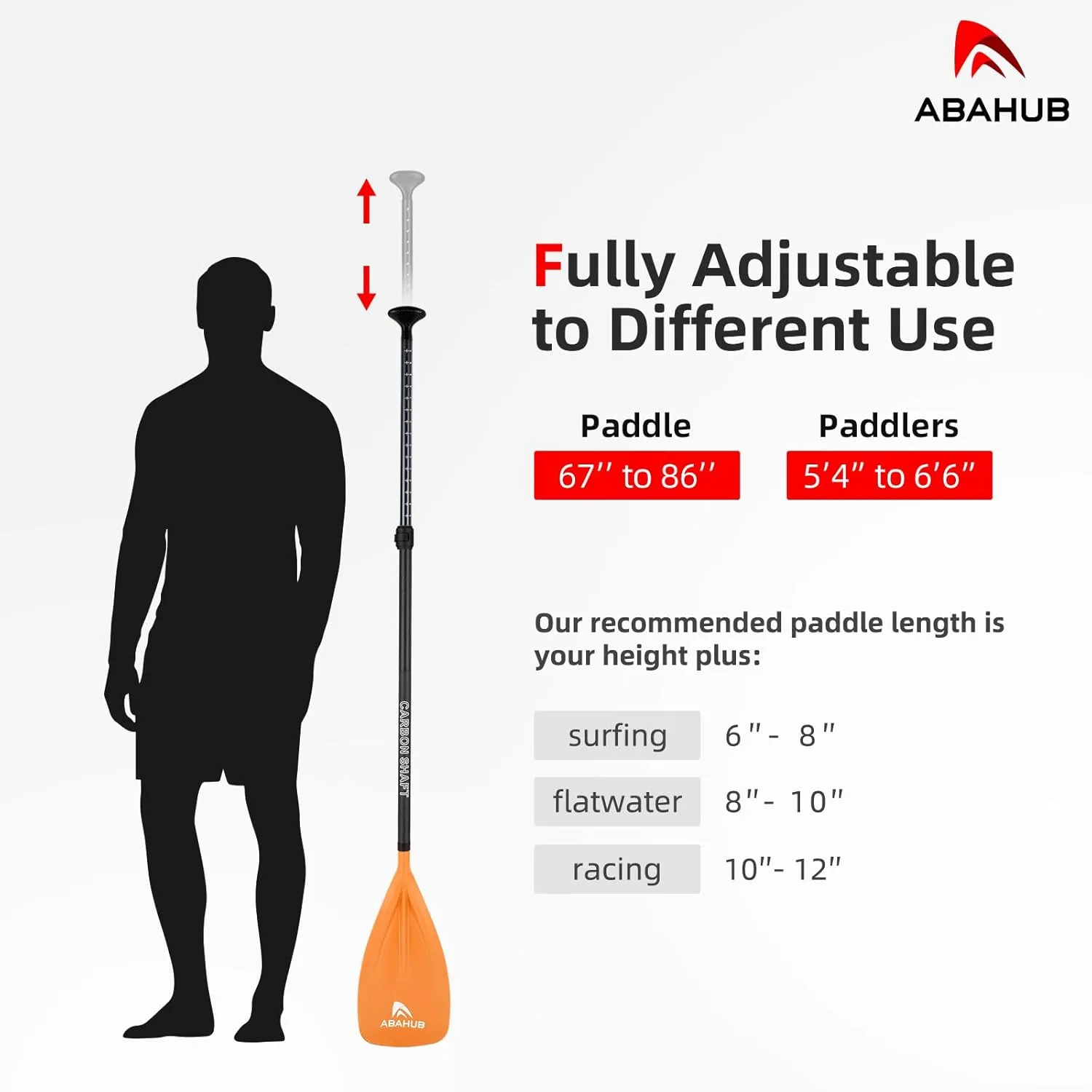 Abahub 1 x 3 Section Carbon Fiber SUP Paddle, Adjustable 67''-86'' Stand Up Paddle Lightweight Carbon Shaft, Black/Blue/Yellow/Green/Orange/Red Plastic Blade   Paddle Bag