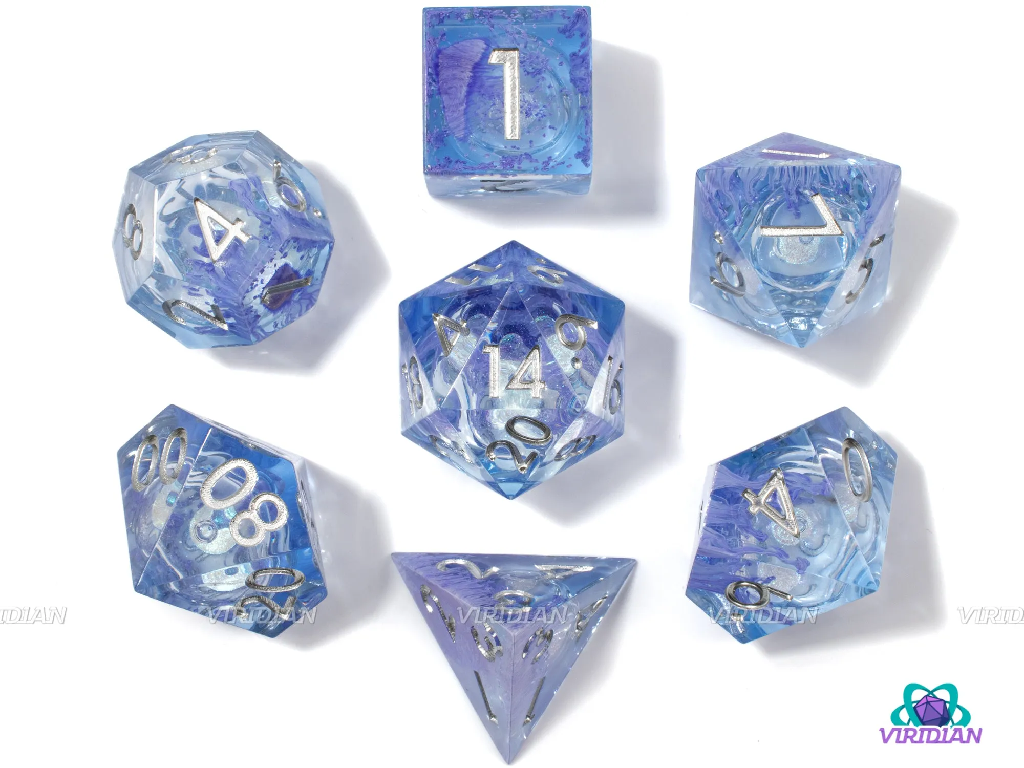Blue Lotus (B-Grade) | Liquid-Filled Core Light Blue w Purple Tendrils Sharp-Edged | Resin Dice Set (7)