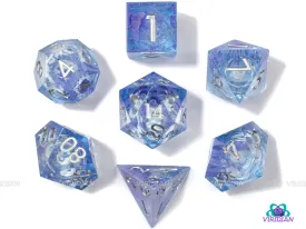 Blue Lotus (B-Grade) | Liquid-Filled Core Light Blue w Purple Tendrils Sharp-Edged | Resin Dice Set (7)