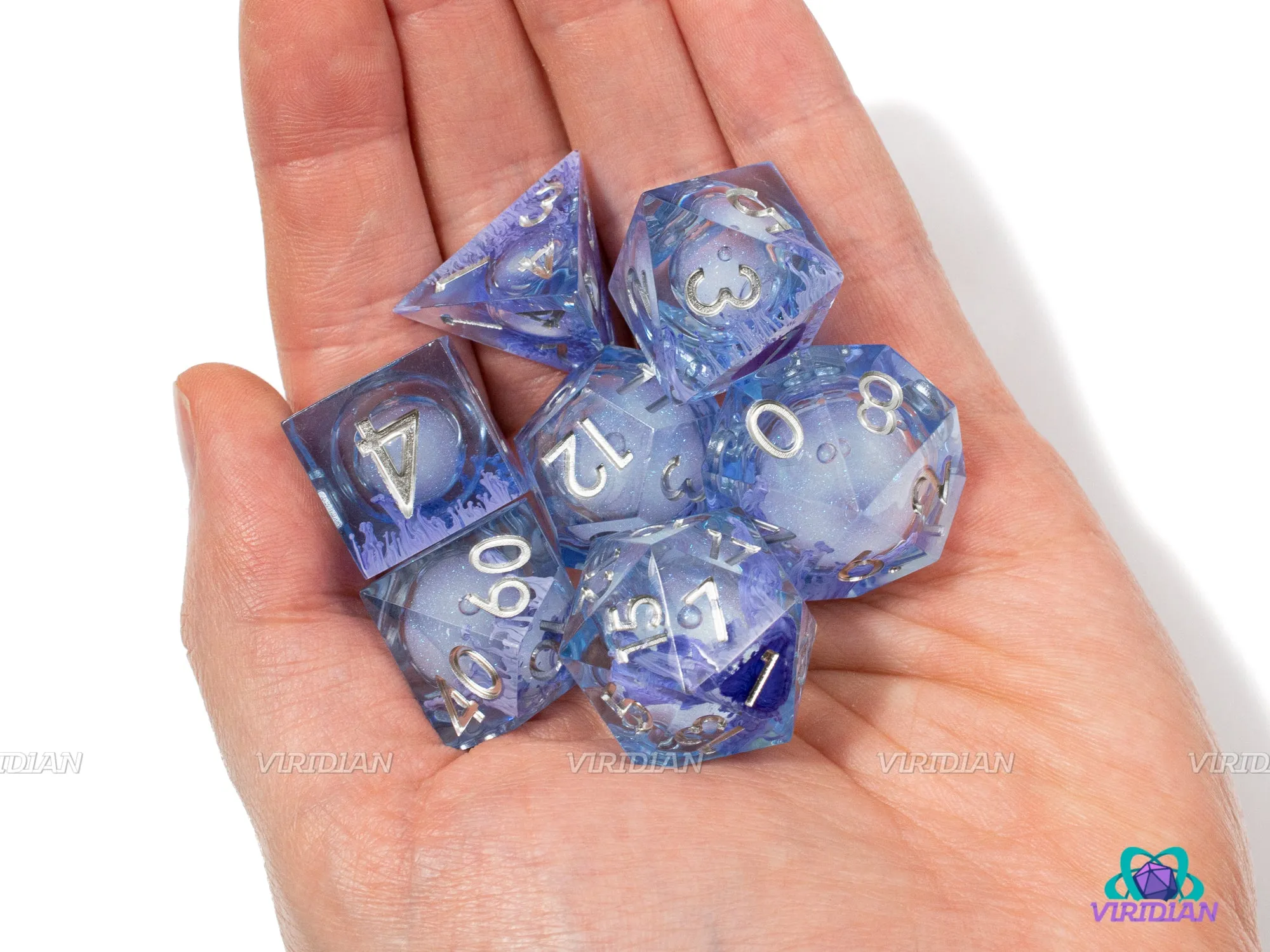 Blue Lotus (B-Grade) | Liquid-Filled Core Light Blue w Purple Tendrils Sharp-Edged | Resin Dice Set (7)