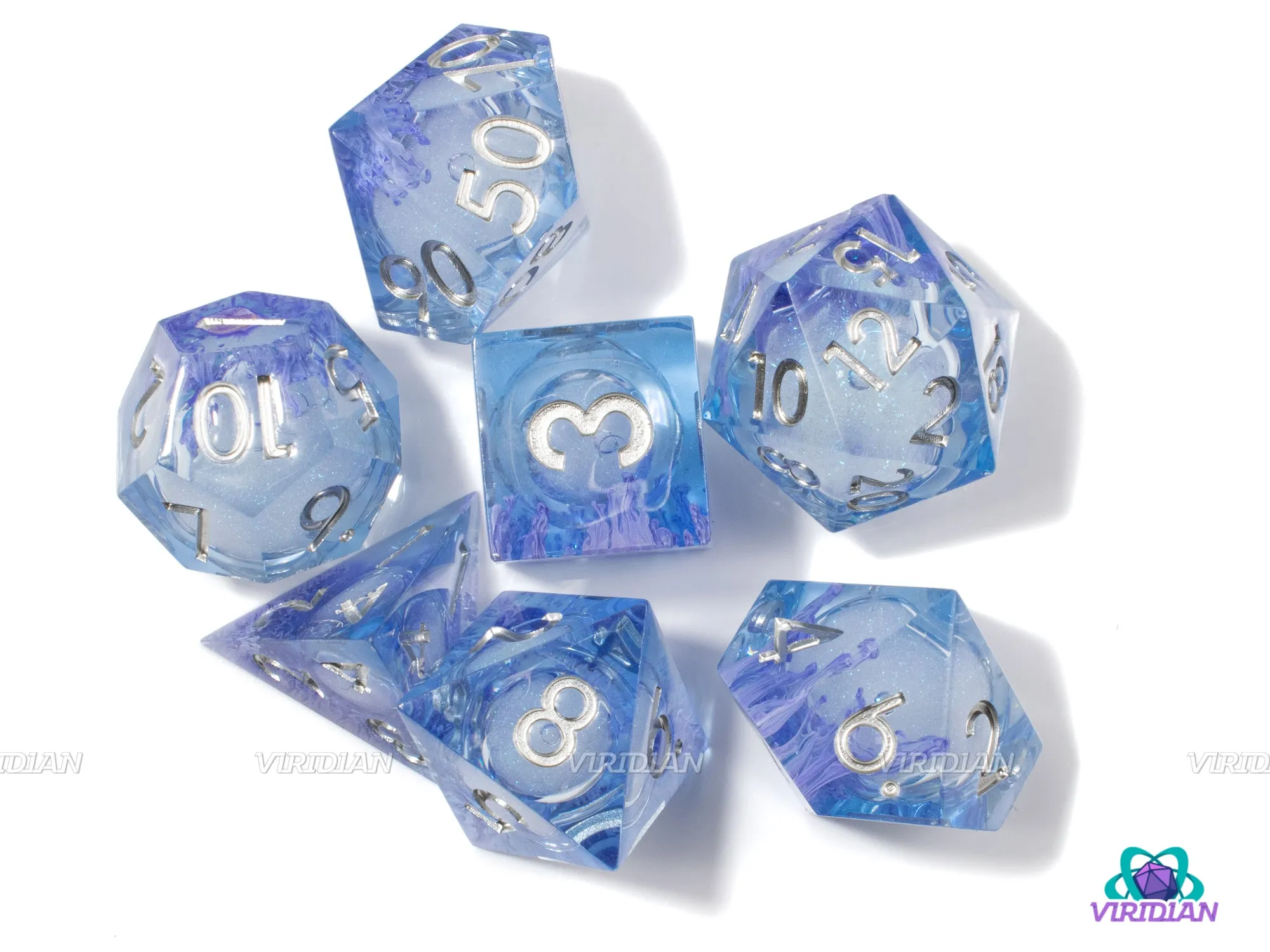 Blue Lotus (B-Grade) | Liquid-Filled Core Light Blue w Purple Tendrils Sharp-Edged | Resin Dice Set (7)