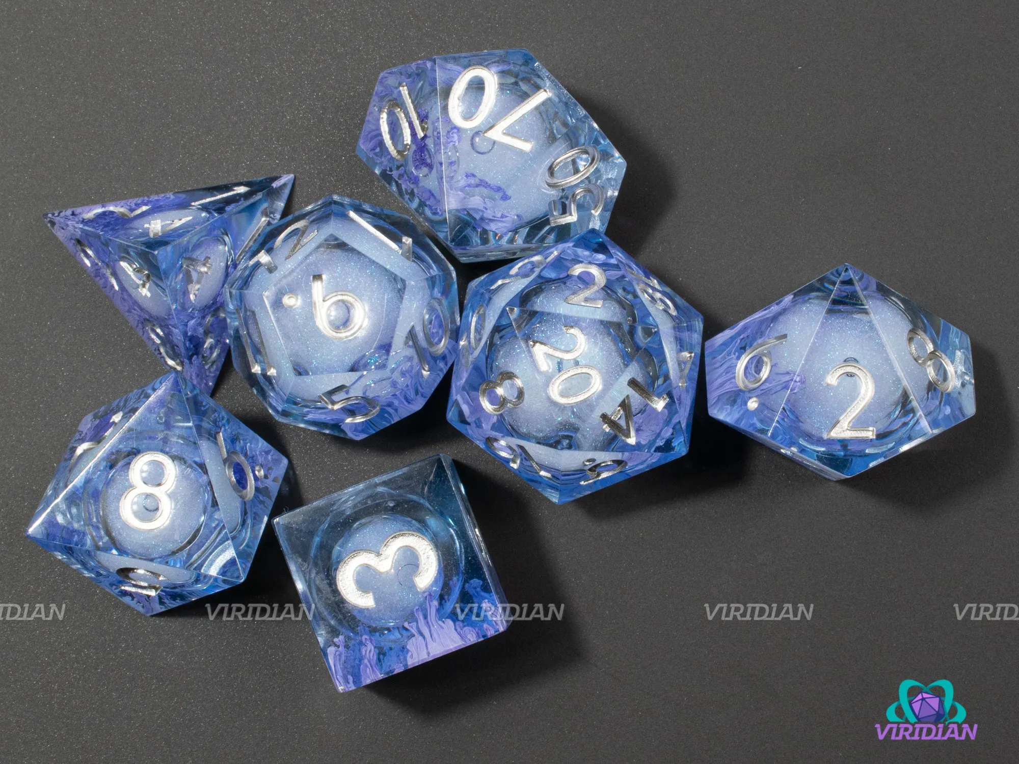 Blue Lotus (B-Grade) | Liquid-Filled Core Light Blue w Purple Tendrils Sharp-Edged | Resin Dice Set (7)
