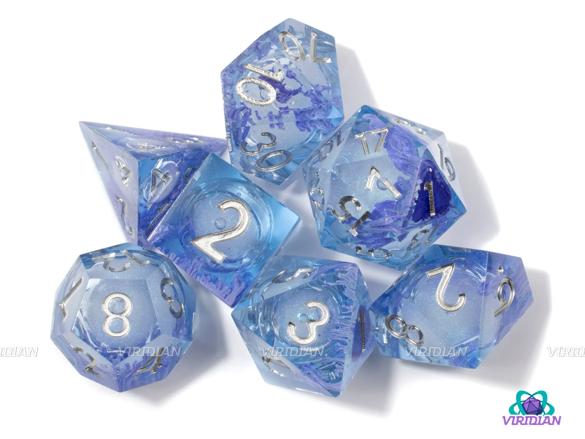 Blue Lotus (B-Grade) | Liquid-Filled Core Light Blue w Purple Tendrils Sharp-Edged | Resin Dice Set (7)