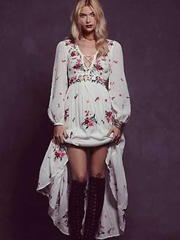 Bohemia Inwrought Floral-Print Long Sleeve Long Dress