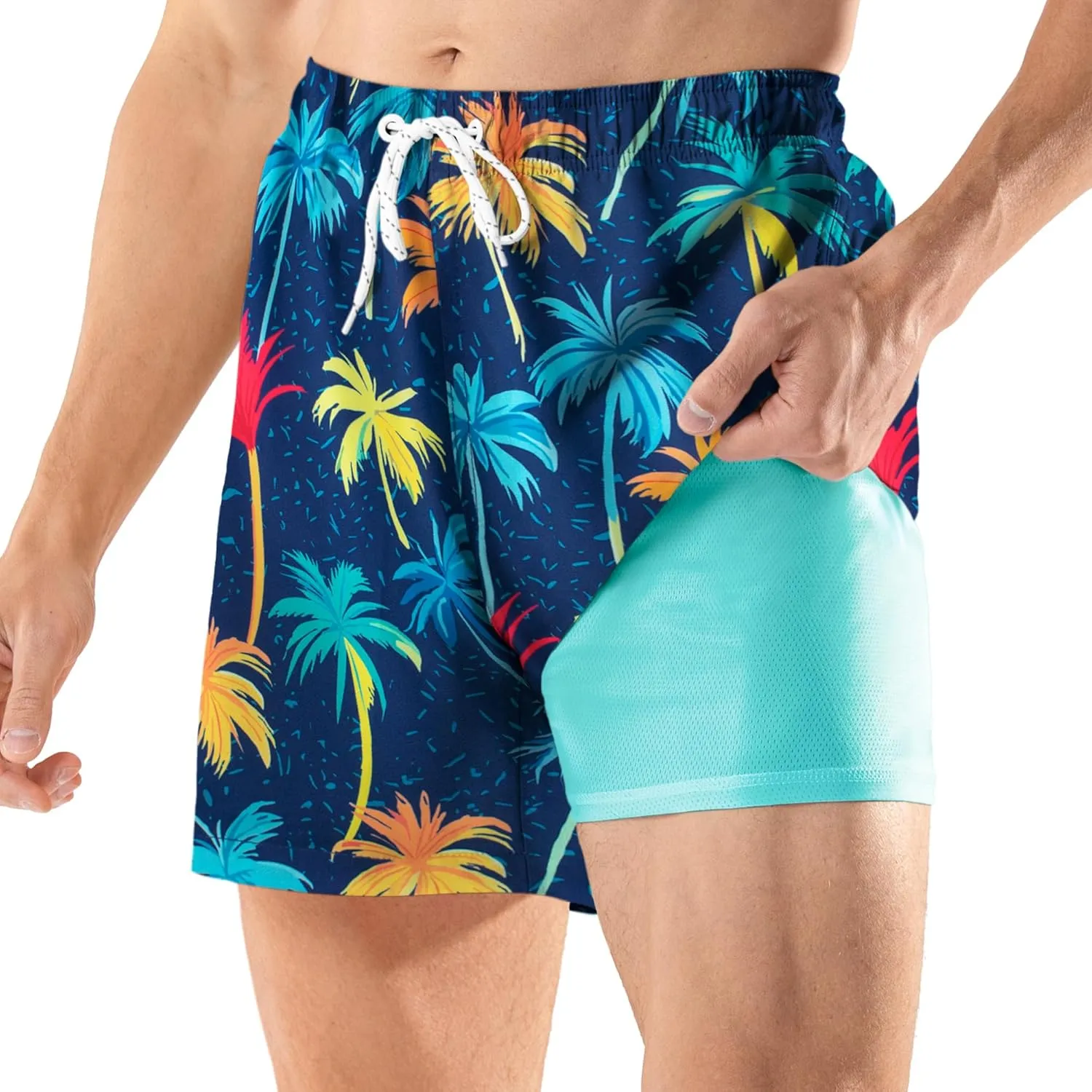 BRISIRA Mens Swim Trunks 5 Inch Compression Liner Beach Swim Shorts Bathing Suit Quick Dry Stretch Drawsting Waist Pockets
