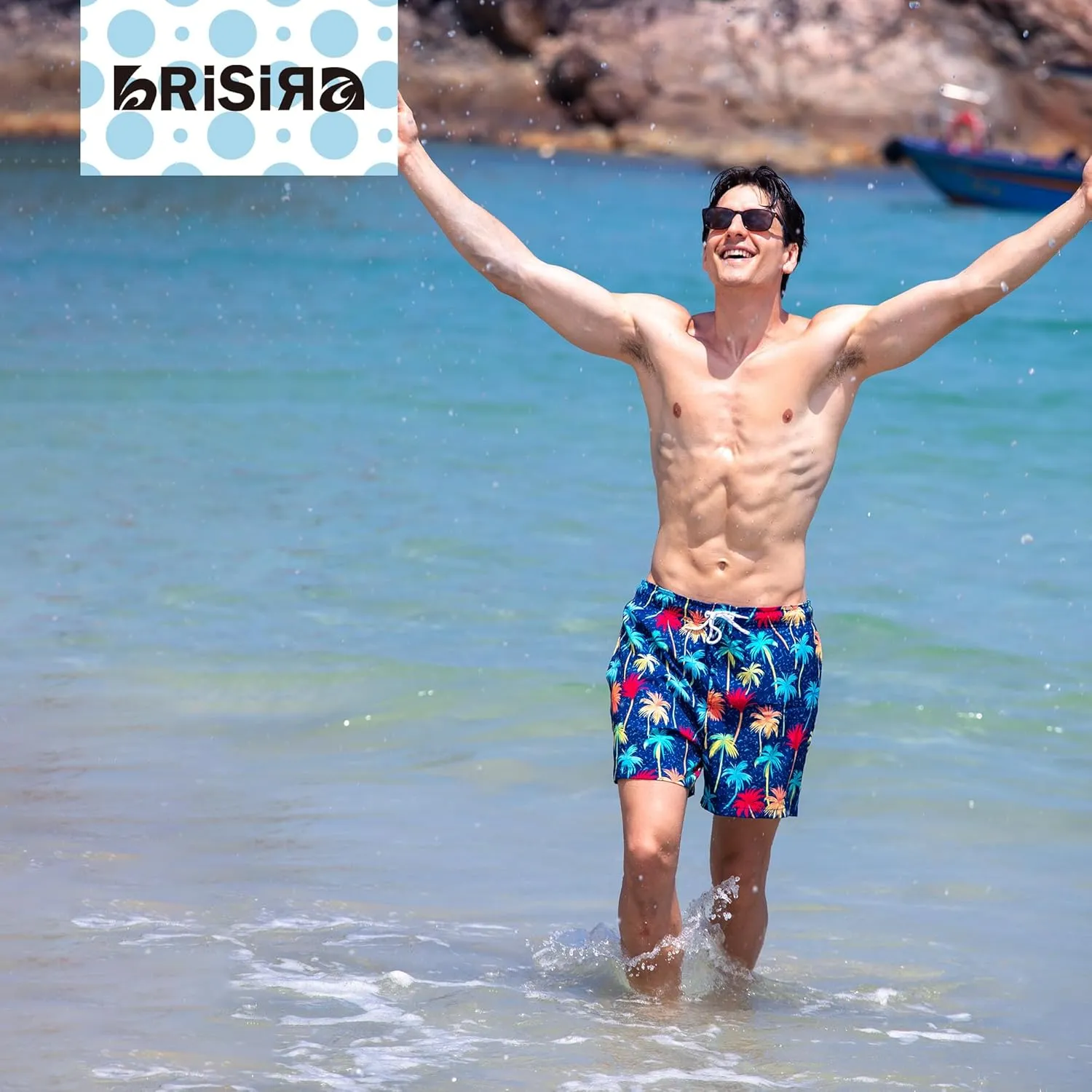 BRISIRA Mens Swim Trunks 5 Inch Compression Liner Beach Swim Shorts Bathing Suit Quick Dry Stretch Drawsting Waist Pockets