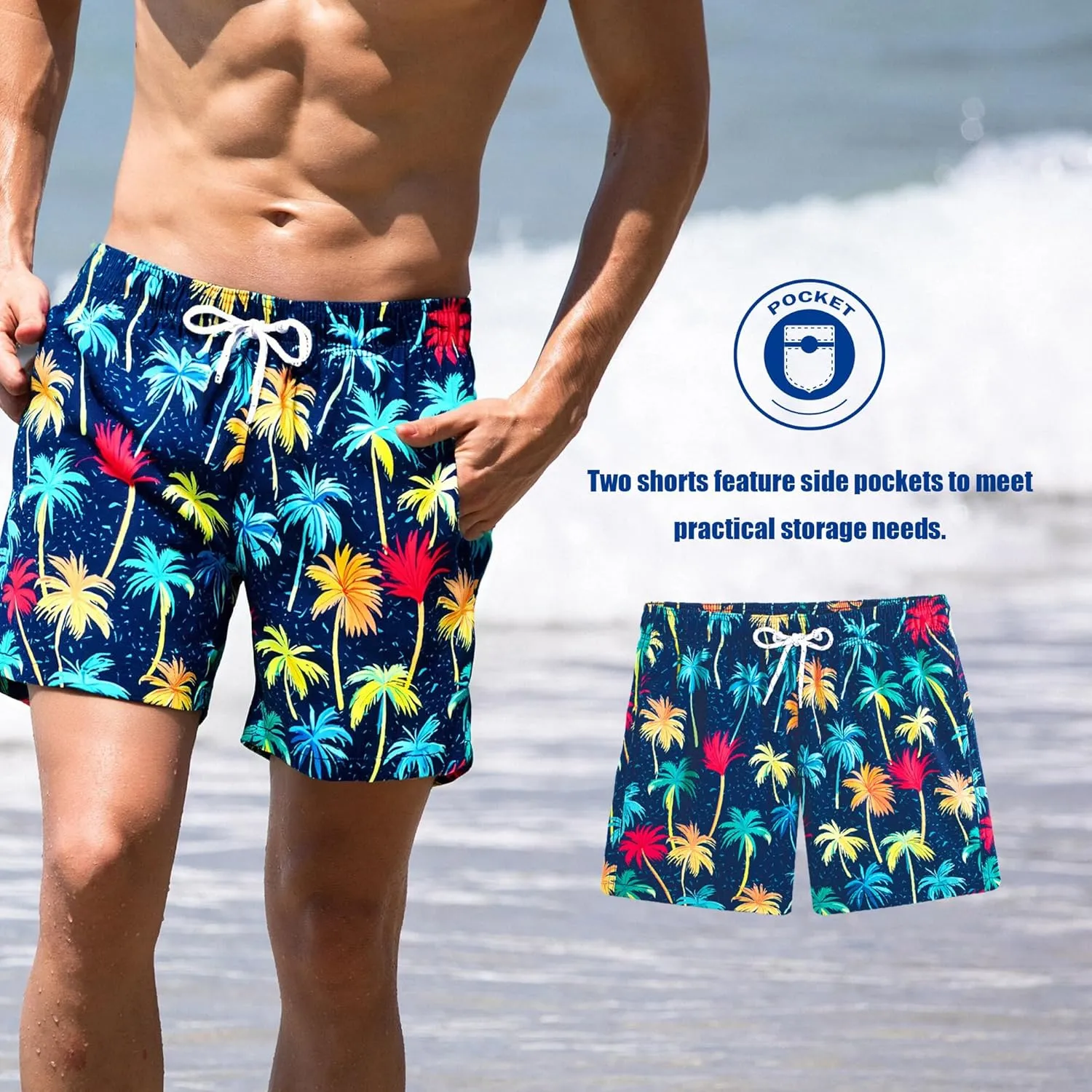 BRISIRA Mens Swim Trunks 5 Inch Compression Liner Beach Swim Shorts Bathing Suit Quick Dry Stretch Drawsting Waist Pockets