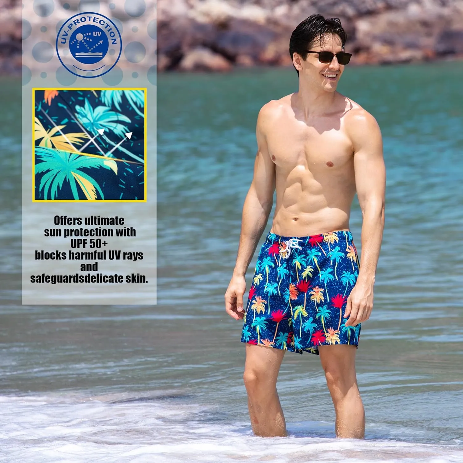 BRISIRA Mens Swim Trunks 5 Inch Compression Liner Beach Swim Shorts Bathing Suit Quick Dry Stretch Drawsting Waist Pockets
