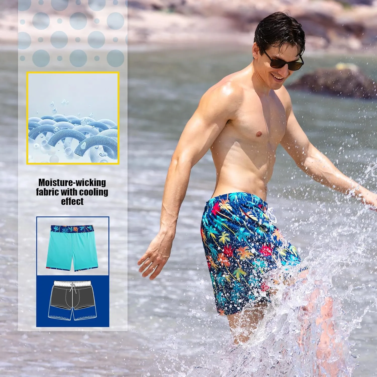 BRISIRA Mens Swim Trunks 5 Inch Compression Liner Beach Swim Shorts Bathing Suit Quick Dry Stretch Drawsting Waist Pockets