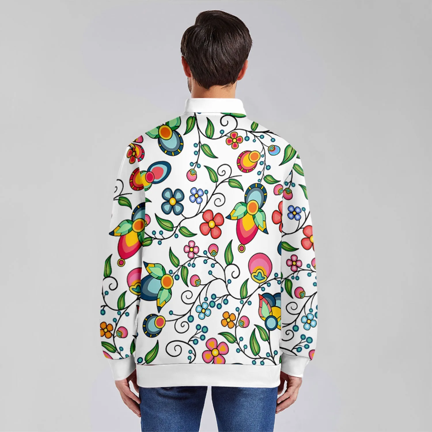 Floral Bounty White Zippered Collared Lightweight Jacket