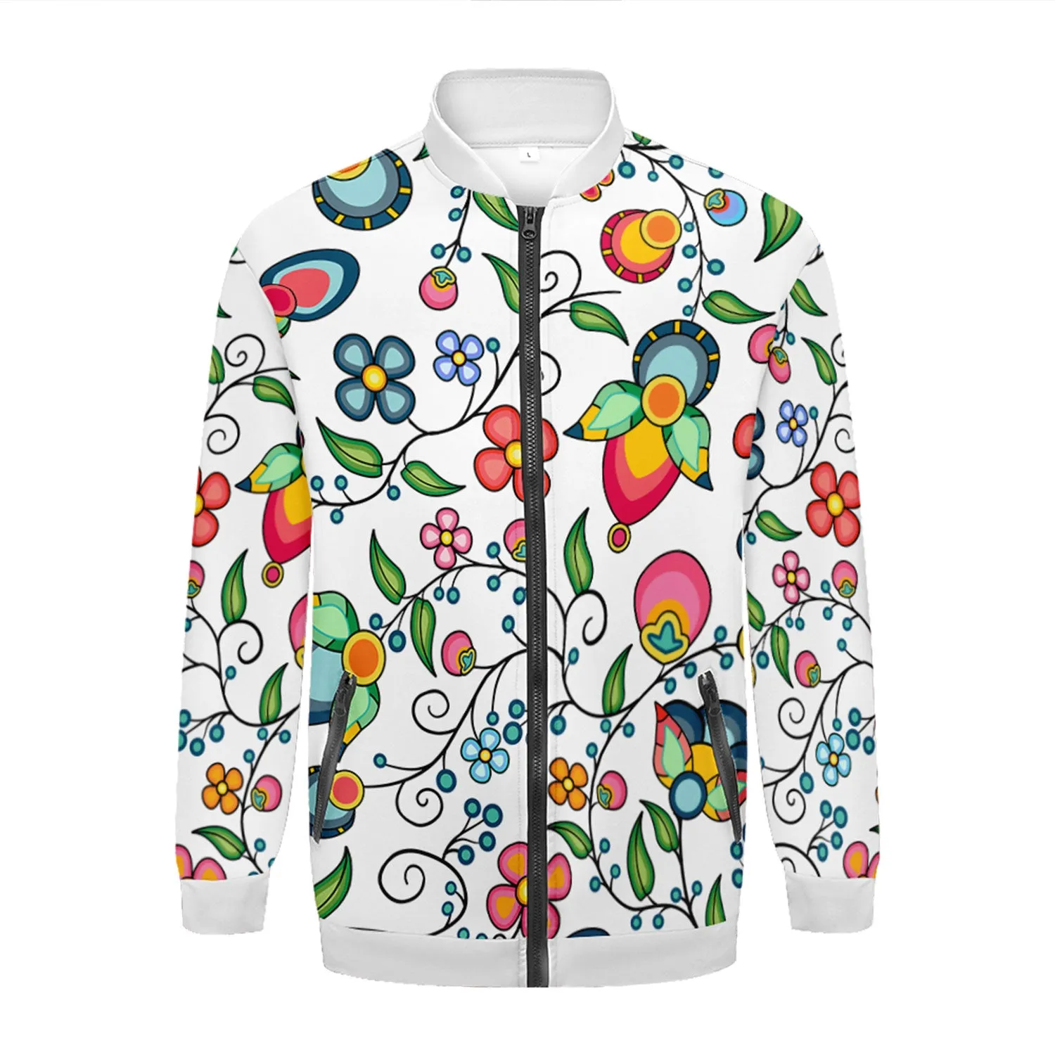 Floral Bounty White Zippered Collared Lightweight Jacket