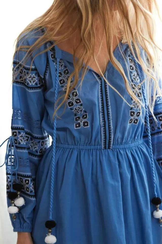 High quality hollow embroidery fringed waist ball strap full sleeve long Bohemia dress