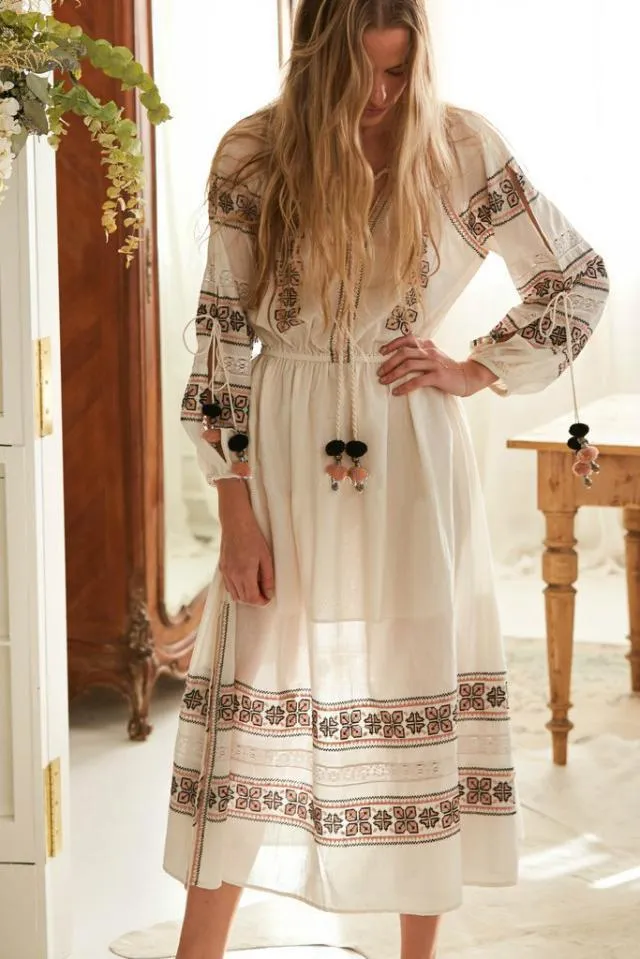 High quality hollow embroidery fringed waist ball strap full sleeve long Bohemia dress