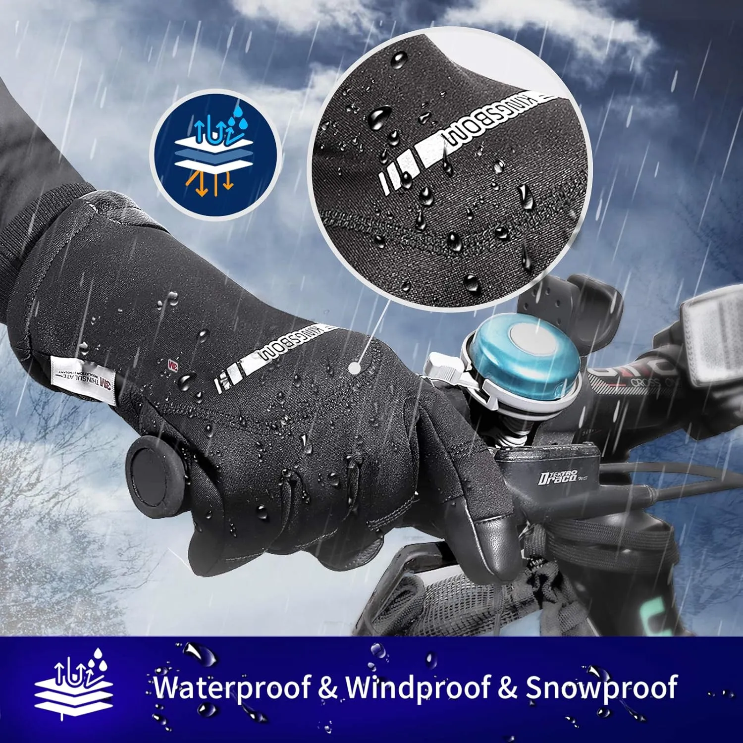 KINGSBOM -40 Winter Waterproof Thermal Gloves - 3M Thinsulate Windproof Touch Screen Warm Gloves - for Driving,Cycling,Riding,Running,Outdoor Sports - for Women and Men - Black