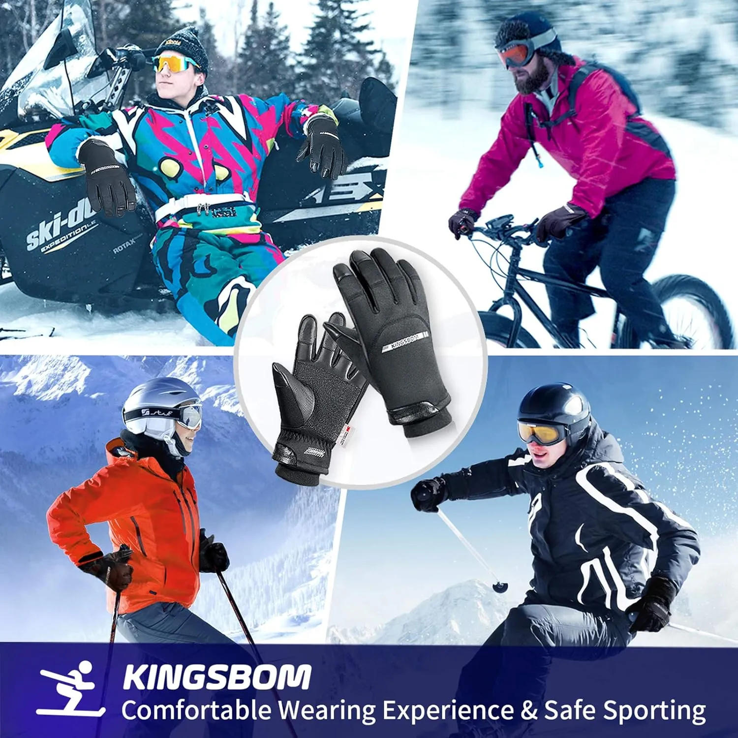 KINGSBOM -40 Winter Waterproof Thermal Gloves - 3M Thinsulate Windproof Touch Screen Warm Gloves - for Driving,Cycling,Riding,Running,Outdoor Sports - for Women and Men - Black