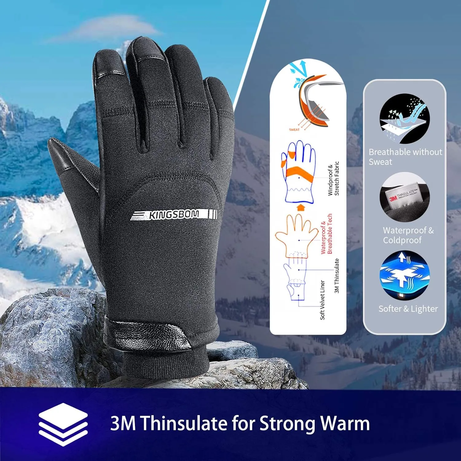KINGSBOM -40 Winter Waterproof Thermal Gloves - 3M Thinsulate Windproof Touch Screen Warm Gloves - for Driving,Cycling,Riding,Running,Outdoor Sports - for Women and Men - Black