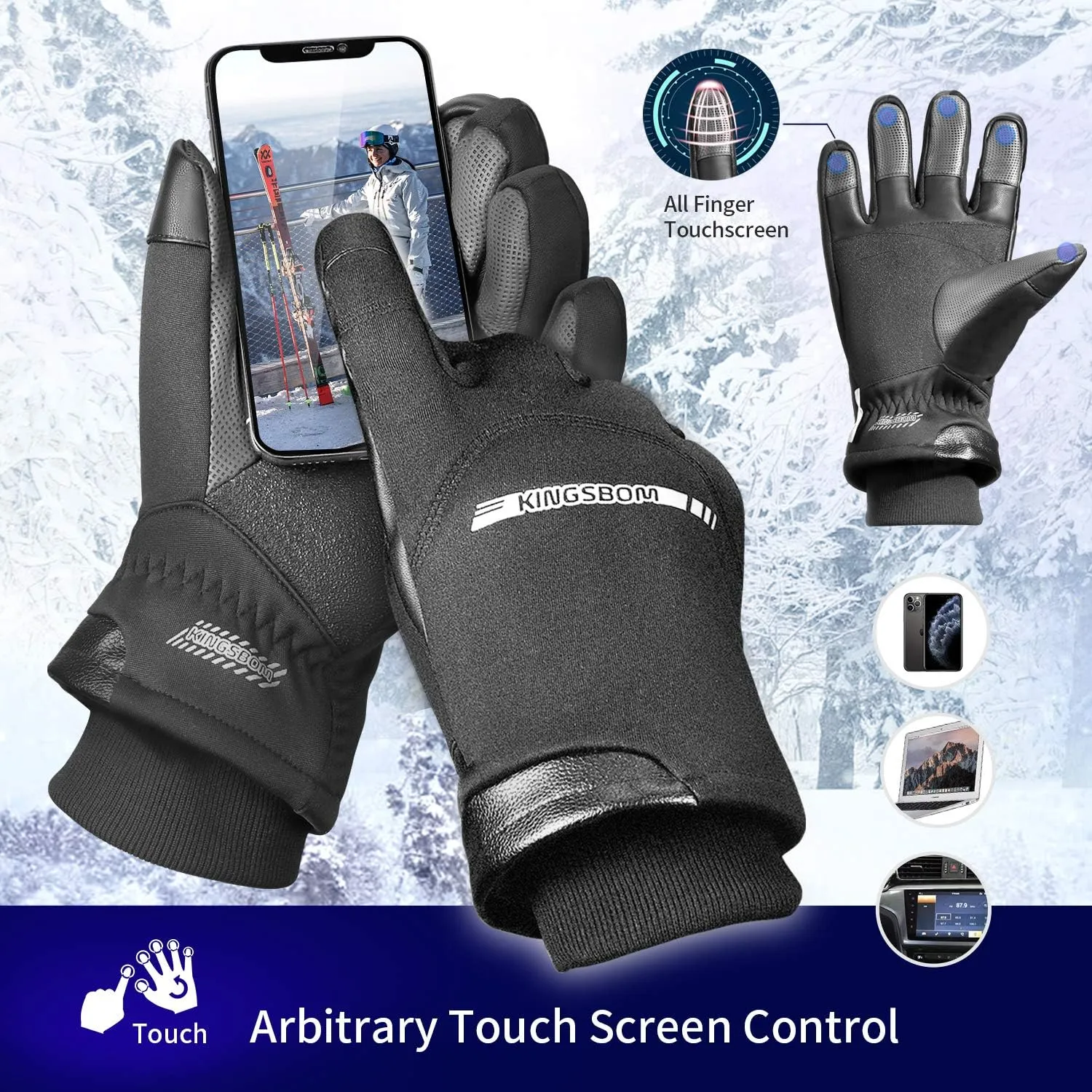 KINGSBOM -40 Winter Waterproof Thermal Gloves - 3M Thinsulate Windproof Touch Screen Warm Gloves - for Driving,Cycling,Riding,Running,Outdoor Sports - for Women and Men - Black