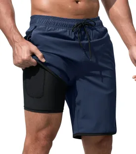 Mens Swim Trunks with Compression Liner 9 Inch Quick Dry Bathing Suit Board Shorts with Zipper Pockets
