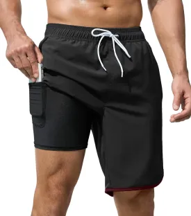 Mens Swim Trunks with Compression Liner 9 Inch Quick Dry Bathing Suit Board Shorts with Zipper Pockets