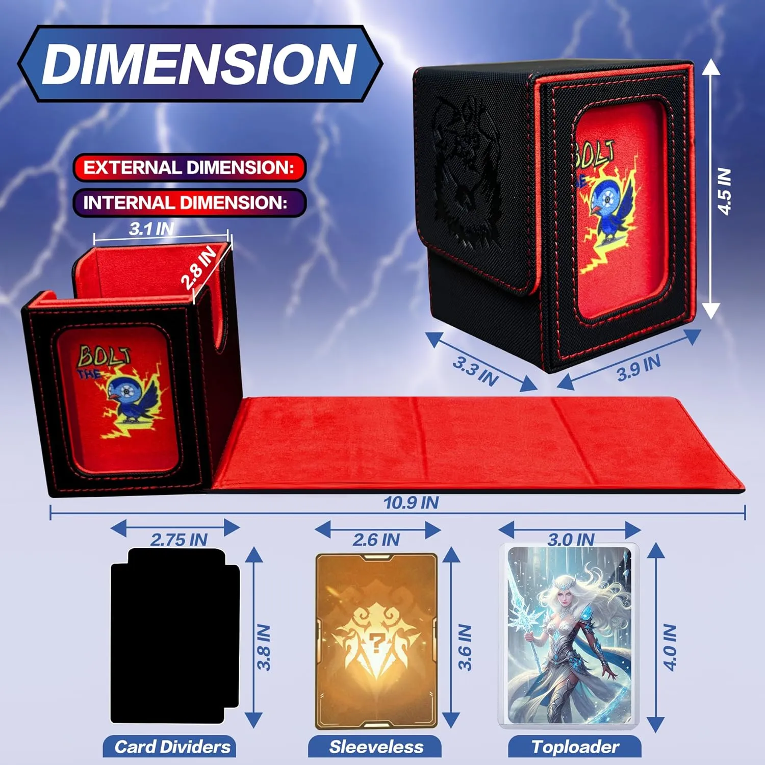 MTG Deck Box BTB for Commander Display, Fits 100 Double Sleeved Cards, 2 Dividers & 1 Toploader, Strong Magnet Leather Trading Card Storage Box for Magic the Gathering, TCG, CCG, Red