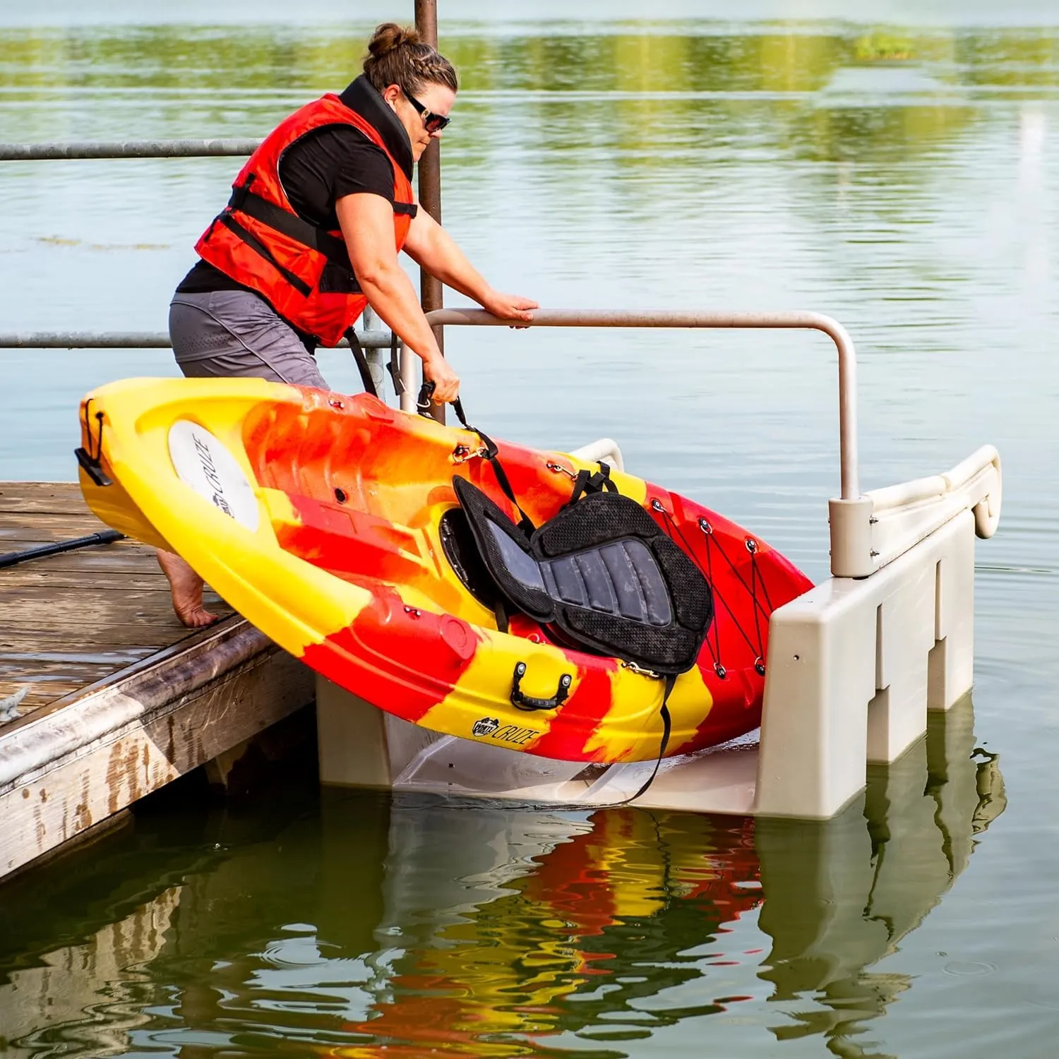 Personal Kayak Launch Station to Safely Launch Kayaks, Canoes, and Stand Up Paddle Boards, for High-Profile Floating Docks, 85-Inch x 48-Inch x 50-Inch, Tan