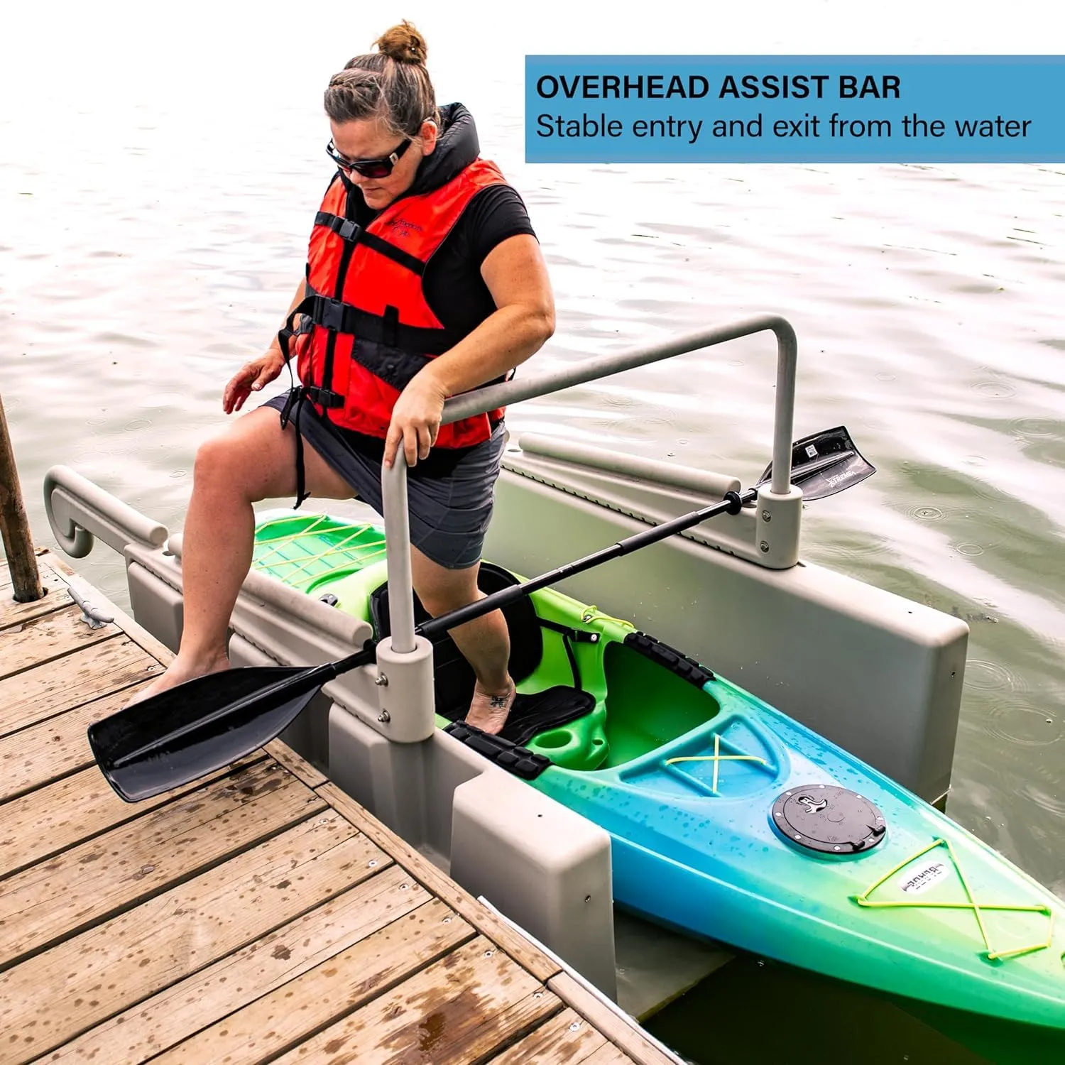 Personal Kayak Launch Station to Safely Launch Kayaks, Canoes, and Stand Up Paddle Boards, for High-Profile Floating Docks, 85-Inch x 48-Inch x 50-Inch, Tan
