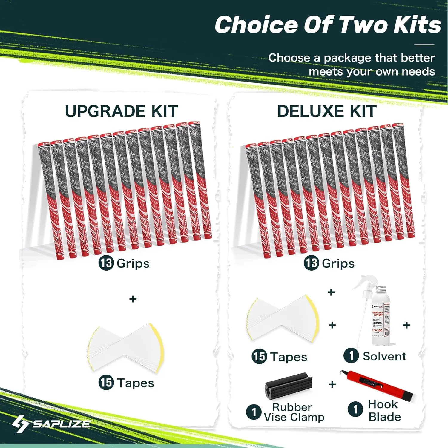 SAPLIZE Cross Cord Golf Grips Set of 13 Grips with Tape or Full Regripping Kit, Standard / Mid / Jumbo Size, Low Taper Design, Multi-compound Hybrid, Anti-Slip Golf Club Grips, CL03 Series