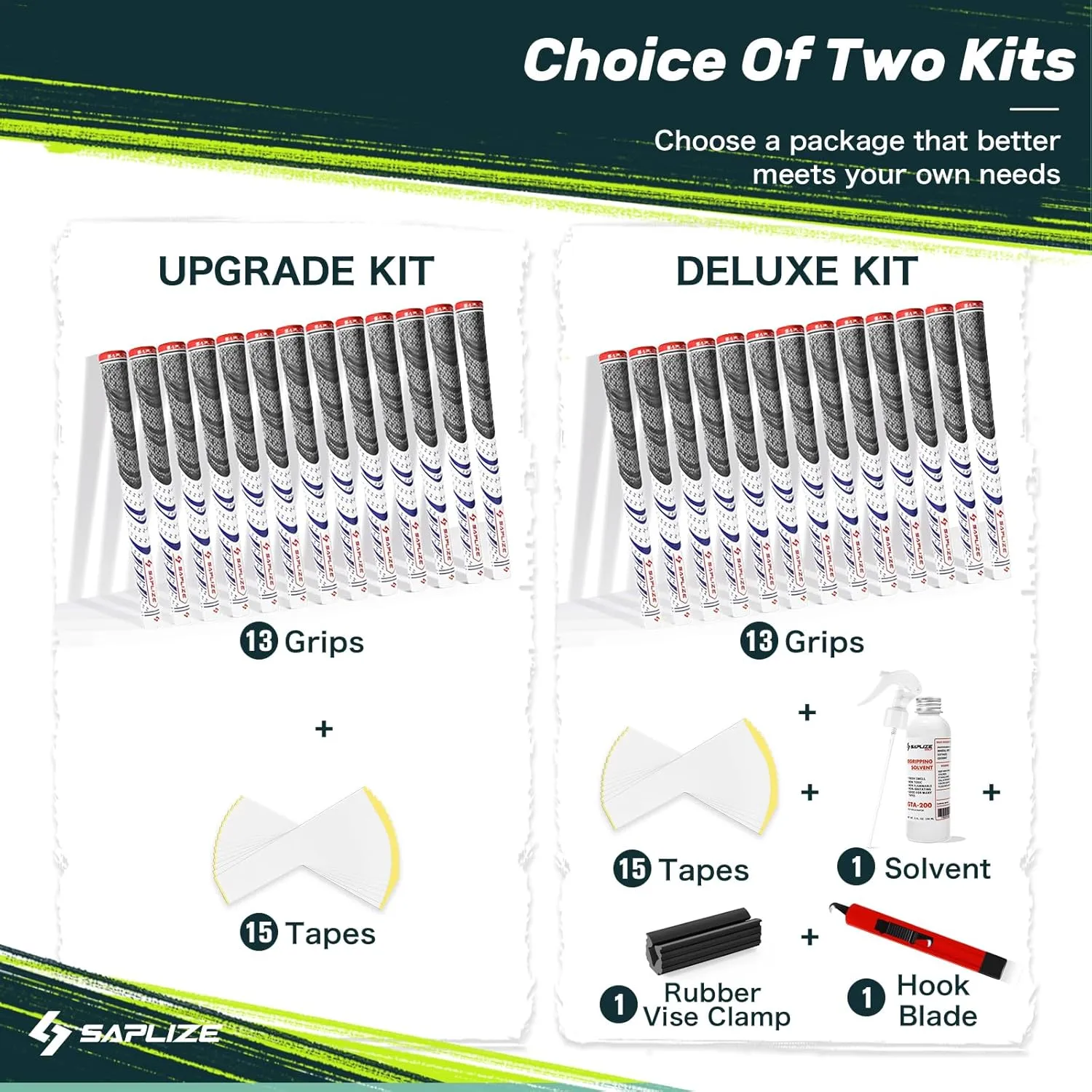 SAPLIZE Cross Cord Golf Grips Set of 13 Grips with Tape or Full Regripping Kit, Standard / Mid / Jumbo Size, Low Taper Design, Multi-compound Hybrid, Anti-Slip Golf Club Grips, CL03 Series