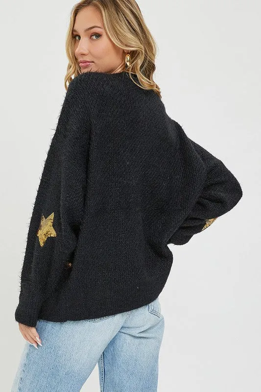 SOFT & Fuzzy Black Sweater with Gold Sequin Star Detail