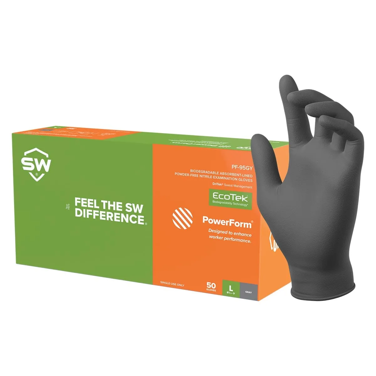 SW Sustainability PowerForm PF-95GY 6.2-mil Sweat-Absorbing Biodegradable Nitrile Gloves, 50pk