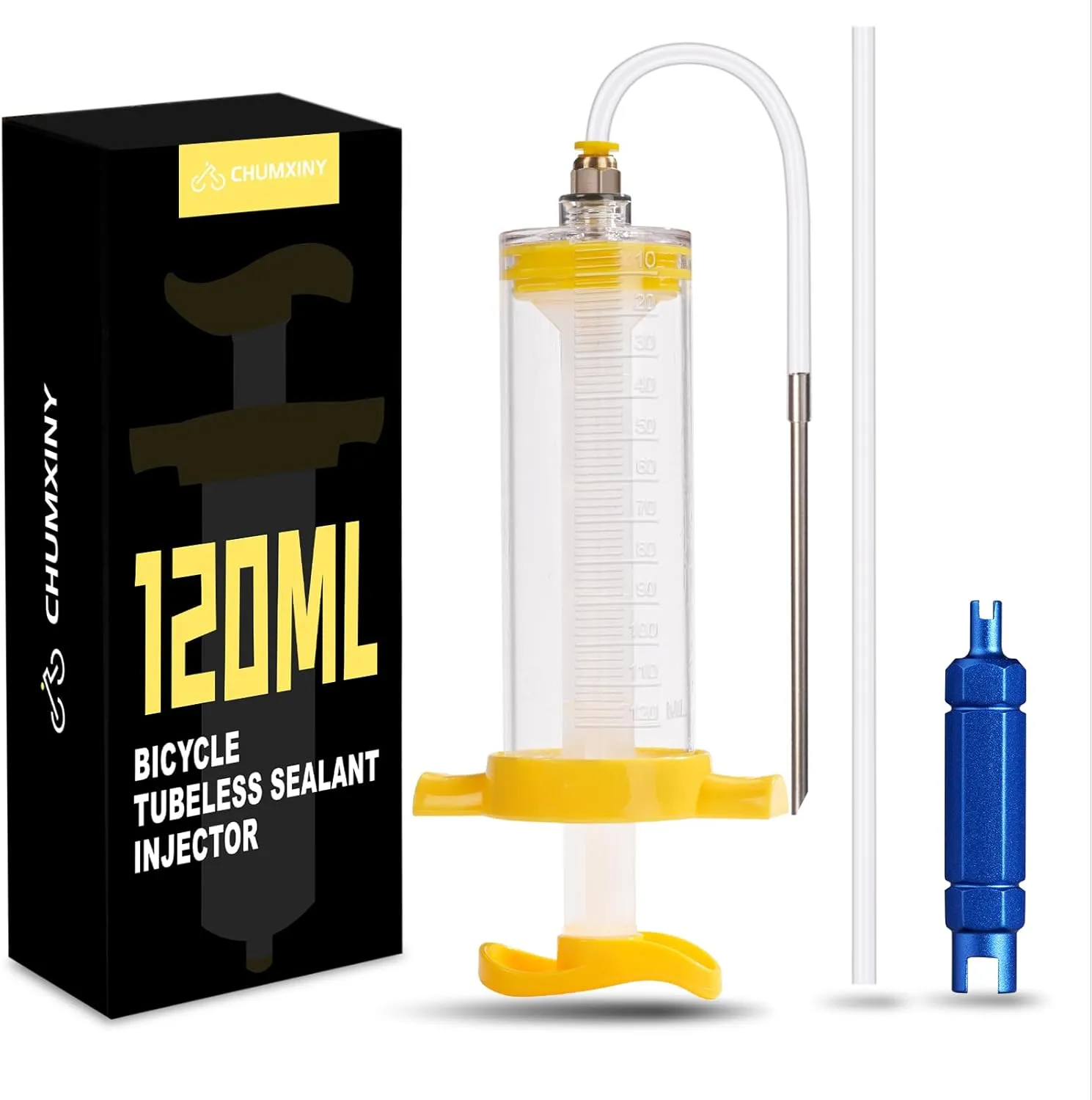 Tubeless Sealant Injector,120 ML Tire Sealant Injector with Push-in Metal Connector for Presta Schrader Valve