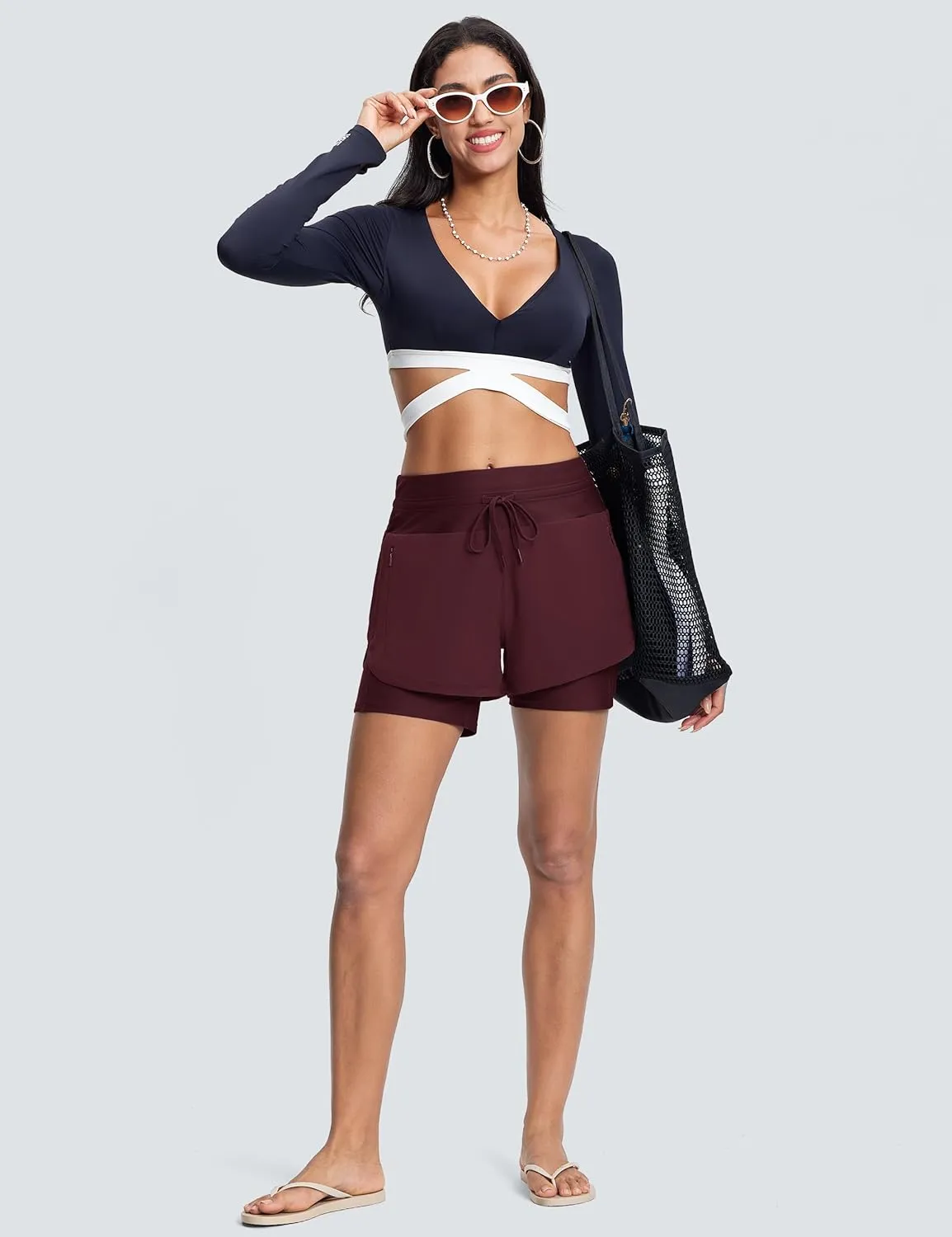 Womens 3" Swim Board Shorts High Waisted Slimming Quick Dry UPF Swim Beach Trunks with Liner and Zipper Pockets