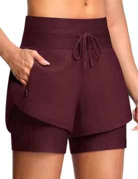 Womens 3" Swim Board Shorts High Waisted Slimming Quick Dry UPF Swim Beach Trunks with Liner and Zipper Pockets