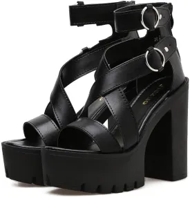 Womens High Chunky Heel Ankle Strap Goth Sandals,Comfort Cutout Open Toe Block Heel Multi Buckle Roman Gladiator Sandals Fashion Party Dress Platform Studded Punk Sandals Back Zipper