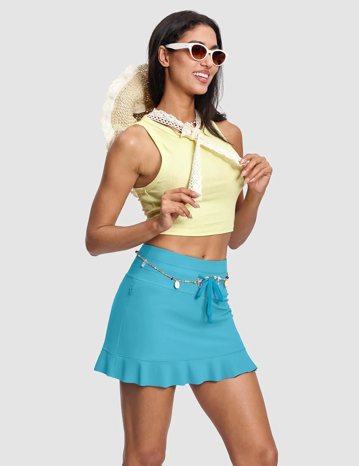 Women's High Waisted 15'' Swim Skirts Tummy Control Bathing Suit Skirt Bottoms Swimsuit with Boxer Liner Pockets
